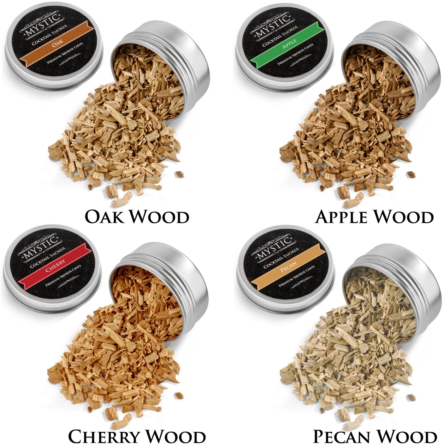 4 different flavors of whiskey smoker chips. Oak wood chips, apple wood chips, cherry wood chips and pecan wood chips