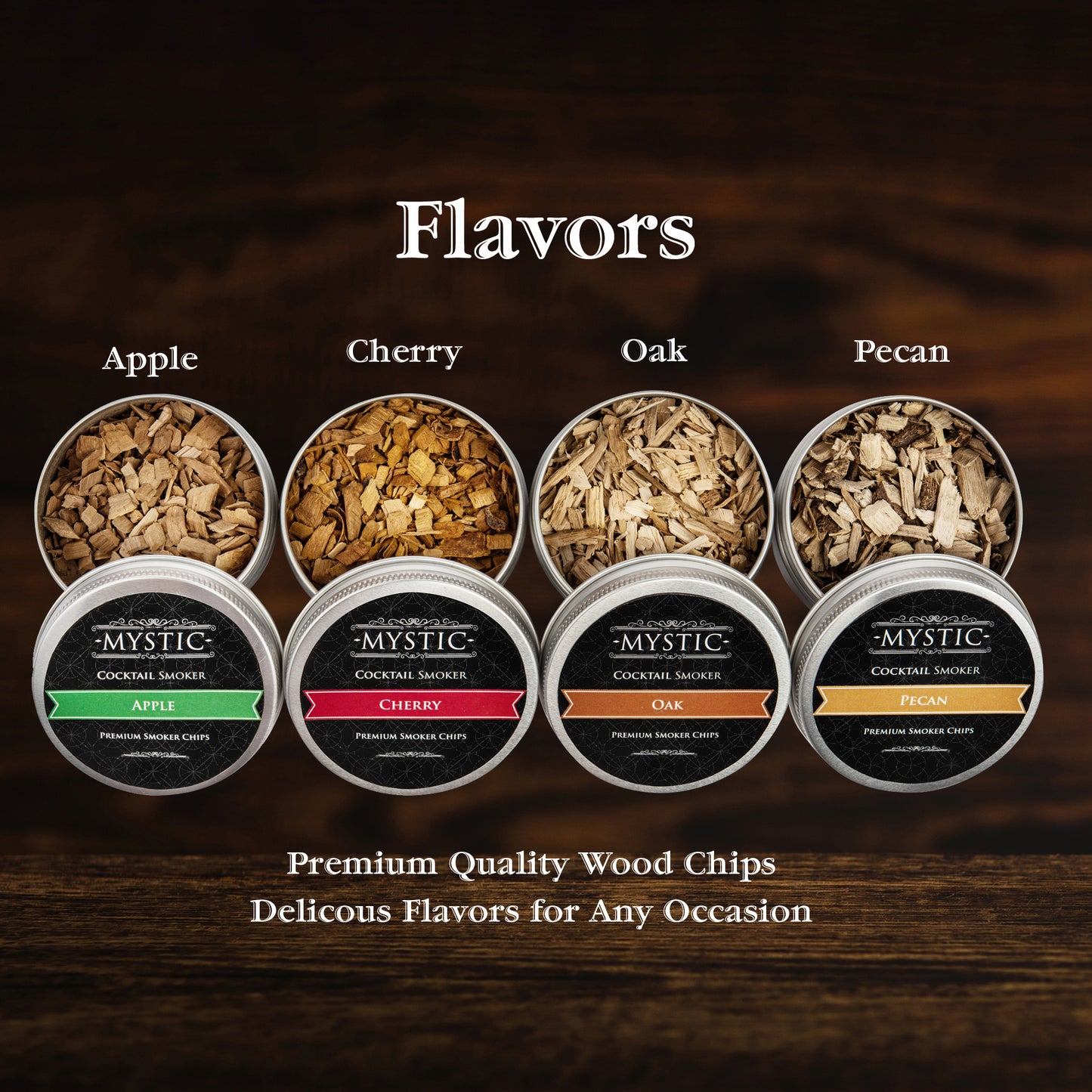 Premium Smoker Chips. Four flavors of wood chips. Apple, cherry, oak and pecan.